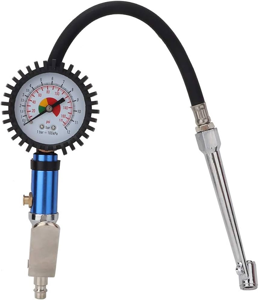 Cuánto es la presión de aire neumáticos para 195 55 R16 4 Neumático siendo inflado con medidor de presión