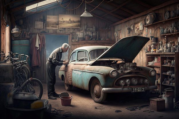 Coche antiguo siendo cuidado por mecánico