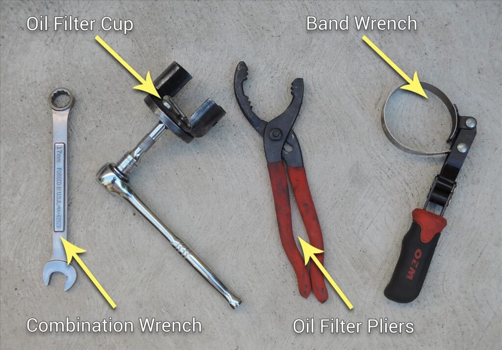 herramientas y aceite para cambiar el aceite