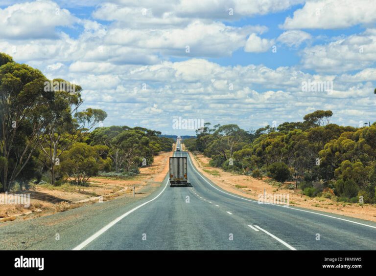 larga distancia en la autopista eyre nullarbor plain de australia occidental con tren de carretera solitaria de camiones y caravanas turisticas van frm9w5