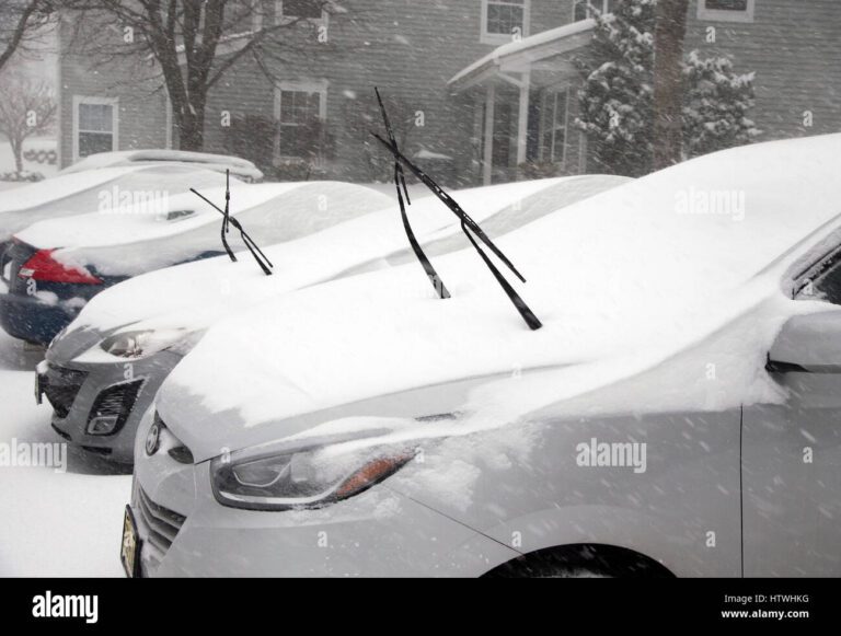los limpiaparabrisas de un coche durante una tormenta de nieve htwhkg