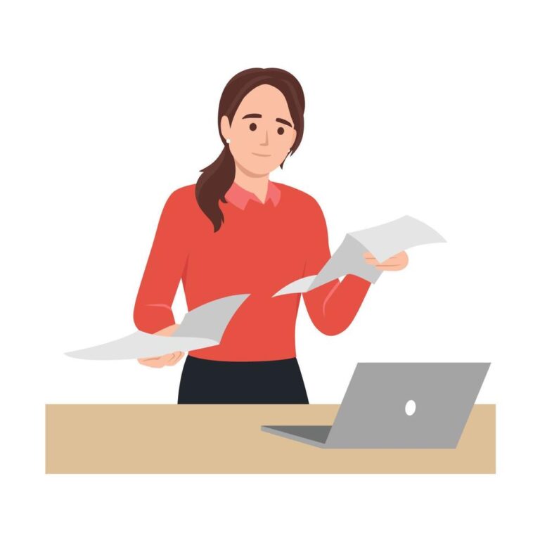 young successful businesswoman reading documents smiling young female employee busy at laptop checking paperwork in office flat illustration isolated vector